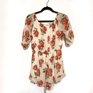 Off Shoulder Floral Chiffon Ruffle Bottom Romper